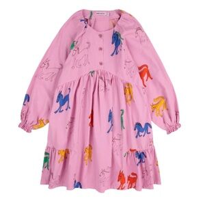 NWT Bobo Choses Pink Colorful Horse Print Cotton Long Sleeve Dress 10